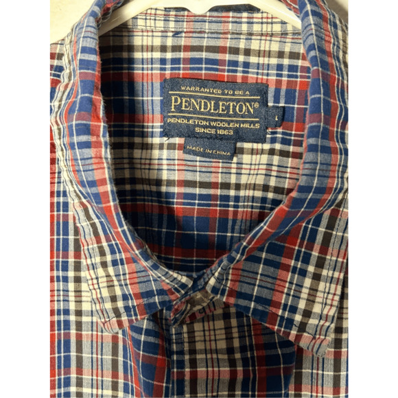 Pendleton Men’s Santiam Short Sleeve Button Down Men’s Blue & Red Plaid Shirt L - Picture 3 of 7